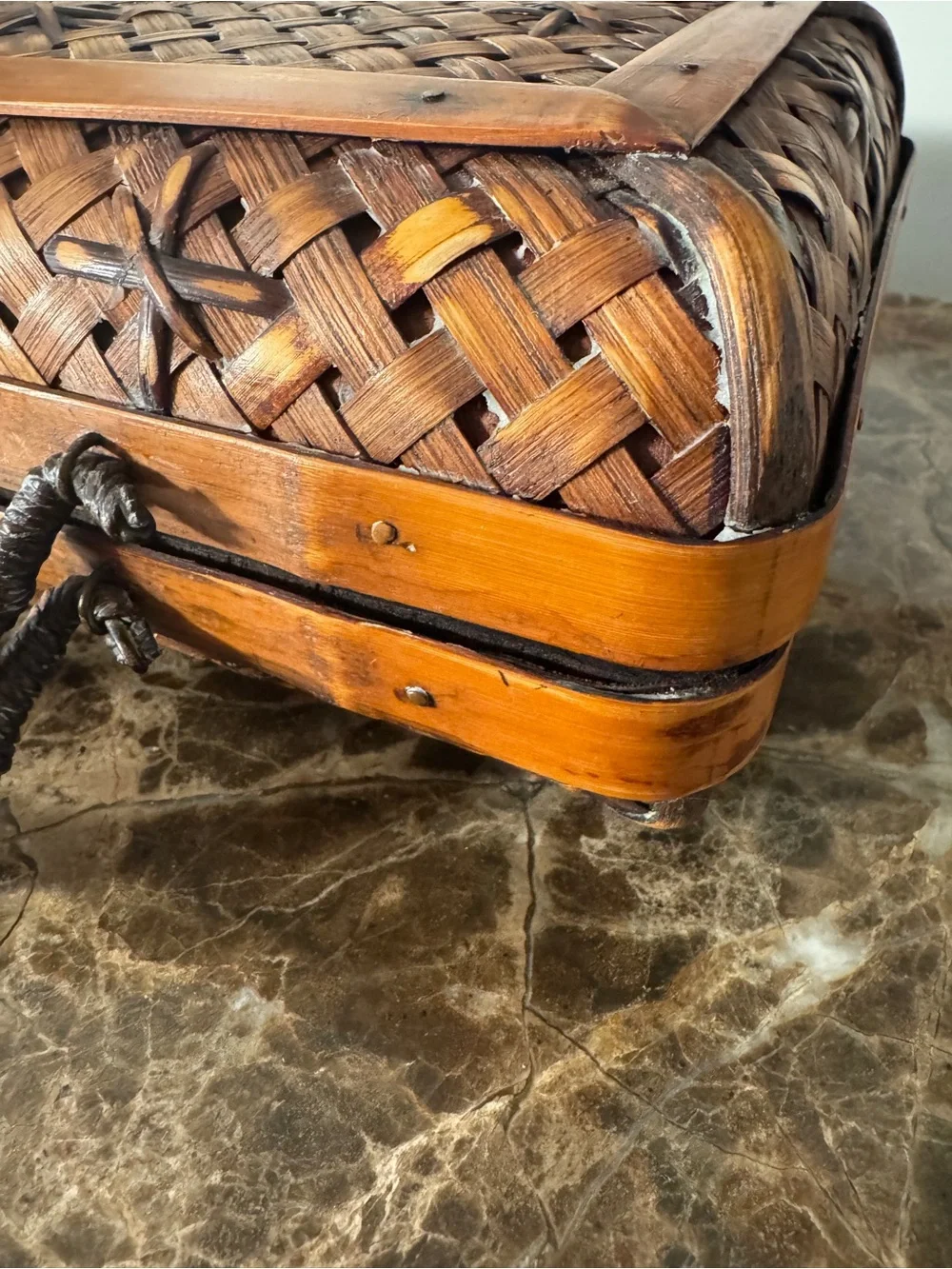 Vintage Woven Wood Storage Box / Trinket Case with Braided Handle